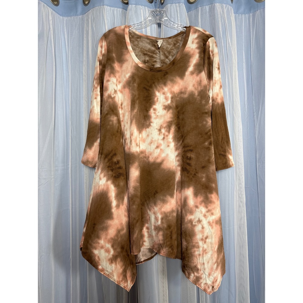 24seven Comfort Apparel Tunic Womens 1XL Tie Dye Brown Sharkbite Hem EUC